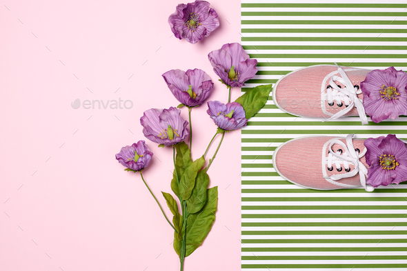 Overhead Outfit Fashion Essentials Set Flowers Stock Photo By