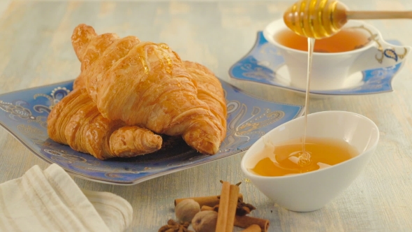 Breakfast With Tea Croissant And Honey 