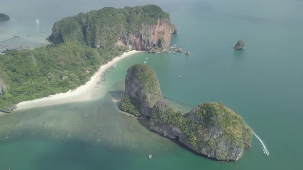 Aerial view of limestone rocks in sea, Phra Nang beach, Krabi Province, coastline Phuket, Thailand. alt