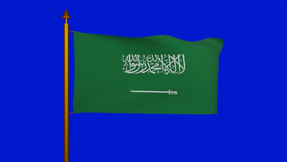 National flag of Saudi Arabia waving with flagpole on chroma key, Kingdom of Saudi Arabia flag alt