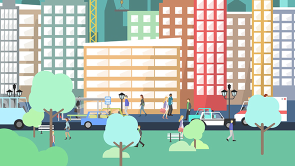 Flat City 4K - City with Buildings, Pedestrians, Cars & Planes in Flat Design