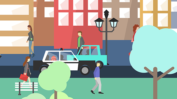 Flat City - City Street with Buildings, Pedestrians & Cars in Flat Design