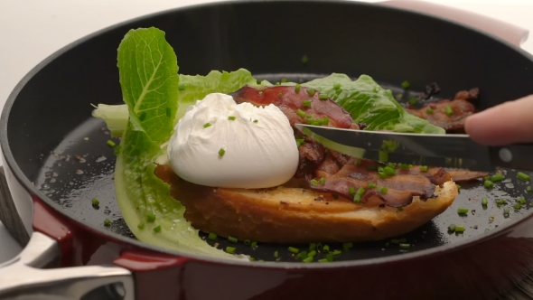 Sandwich With Poached Egg, Salad And Bacon