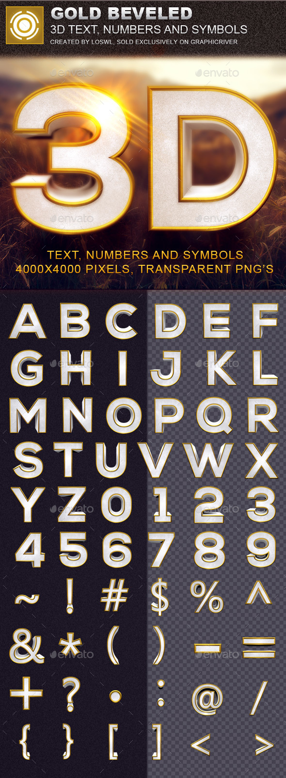 Gold Beveled 3D Text and Symbols - Text 3D Renders