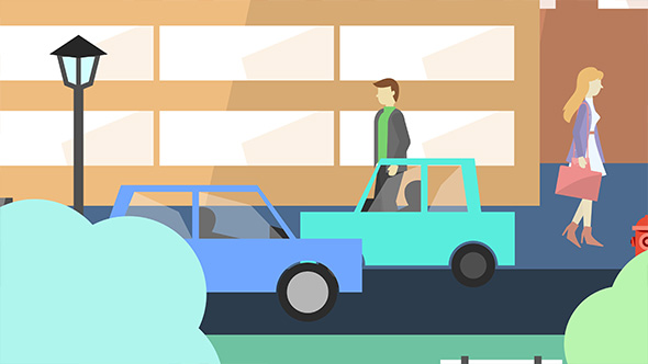 Flat City - Car Tracking, city with Buildings, Pedestrians & Cars in Flat Design