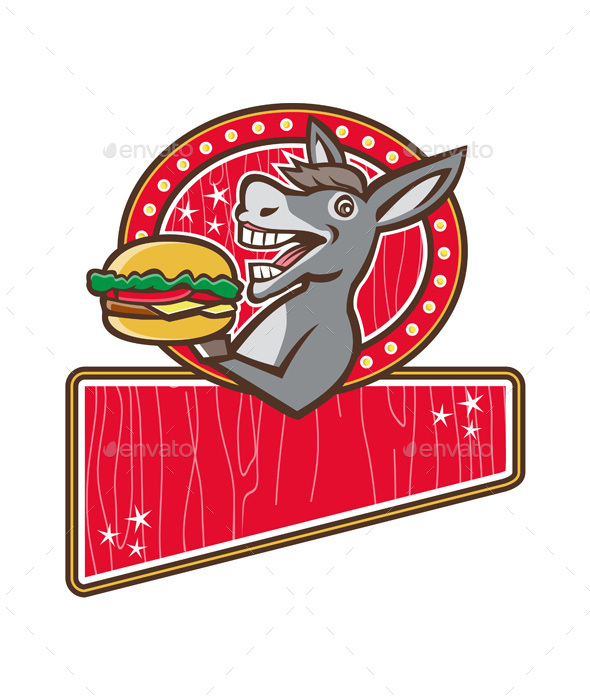 Donkey Mascot Serves Burger Retro Rectangle - Animals Characters