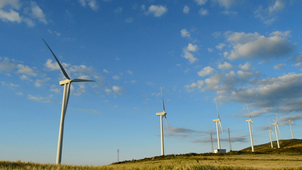 Wind Turbines Line at Sunset alt