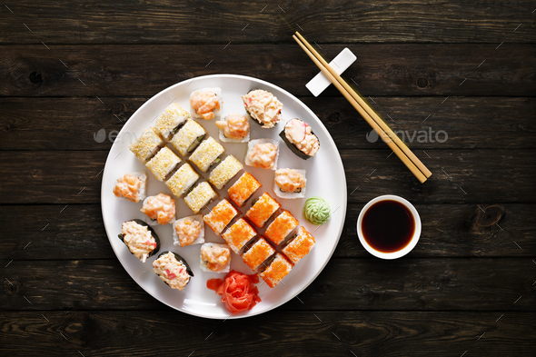 Sushi Roll Set Plate Soy Sauce Dark Wooden Background Stock Photo