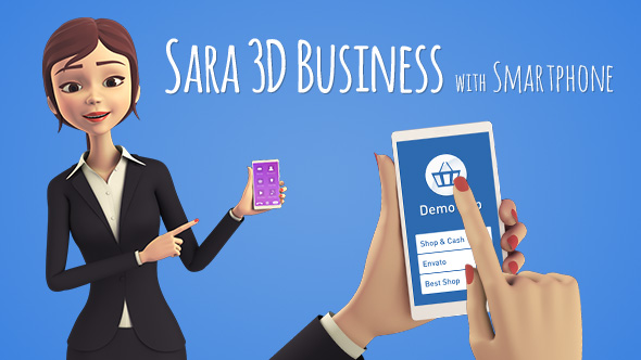 Sara 3D Character in Business Suit with Smartphone - Woman Presenter for Mobile App 