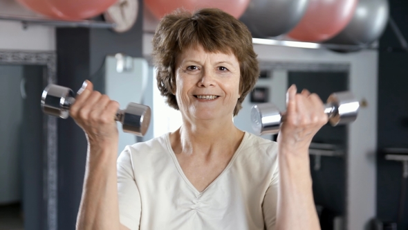 Healthy Elderly Woman Lifting Dumbbells, Senior, Fitness