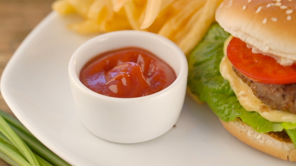 French Fries With Ketchup And Hamburger