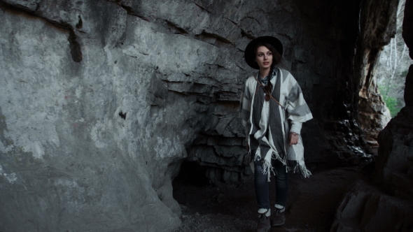 Handsome Young Woman With Backpack In The Mountains alt