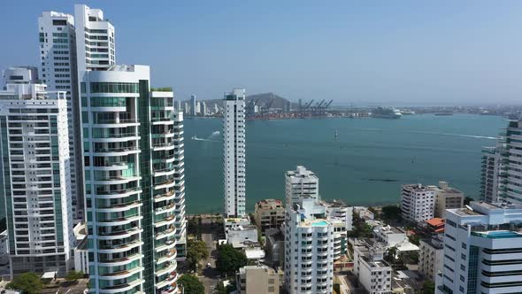 Aerial View of Industrial Port and Luxury Hotels in Cartagena Colombia