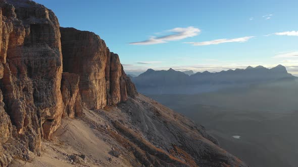 Sunrise in the Dolomites. Aerial View of Mountains and Valleys. South Tyrol and Trentino