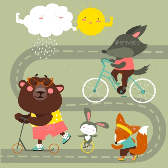 Kids Transport Collection With Cute Animals