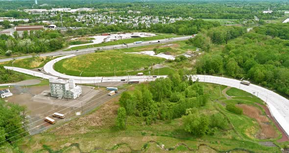 High drone view above highways, interchanges the roads on interstate takes you alt