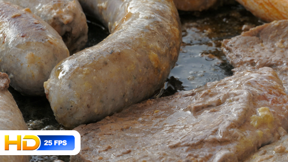 Sausages and Steaks on Grill alt