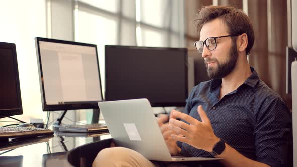 Businessman Remote Workplace Chatting Colleagues. Businessman Online Working Webinar In Office. alt