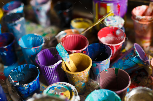 multicolored cans with paint, arts background - Stock Photo - Images