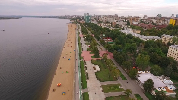 Drone Flies Over Embankment And Beach Of Samara City