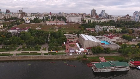 Aerial Panorama Of Samara City: River, Church, Embankment