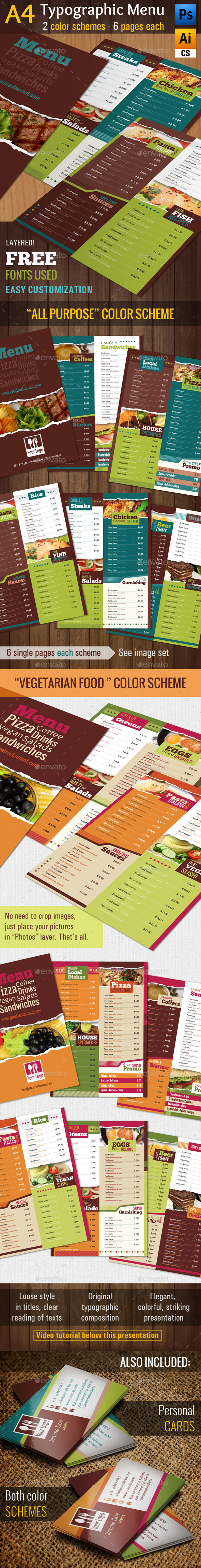 A4 Typographic Menu | All Purpose & Vegan Food - Food Menus Print Templates
