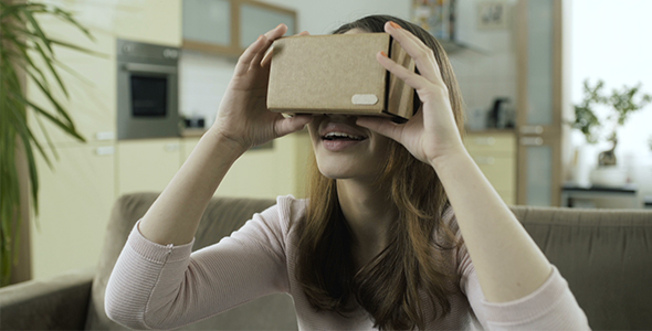 Girl Trying Cardboard VR Headset