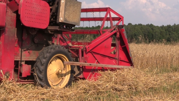 Harvester Threshing In Barley Field