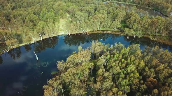 Aerial view of the Ovens River just before it meets the Murray River in north-eastern Victoria, Aust alt