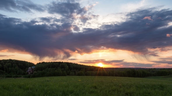 Beautiful Clouds At Sunset, The Sun Goes Below The Horizon.