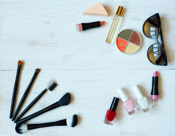 Various makeup products with copyspace