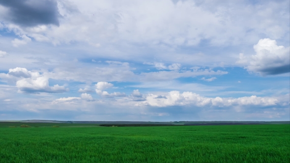 Green Field And Cloudy Sky Beautiful Clouds Floating Over Green Bright ...