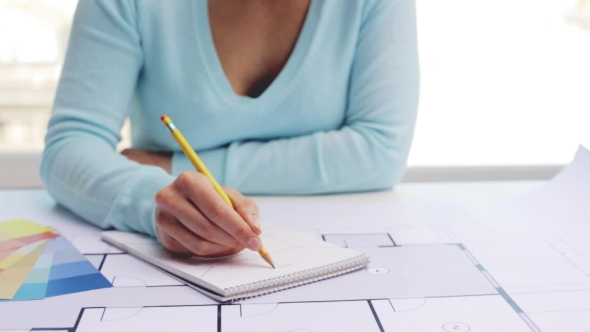 Woman With Blueprint Drawing To Notebook 50 alt