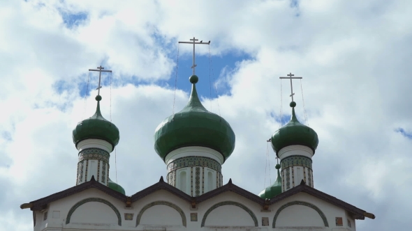 Green Domes With Orthodox Crosses Of The Monastery
