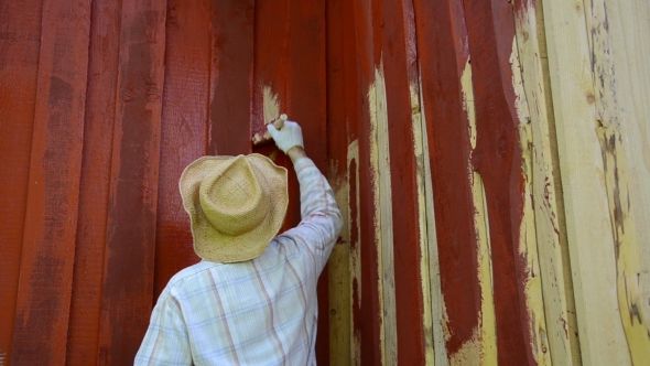 Farmer With Paint With Bright Dark Red Paint Wooden House Wall
