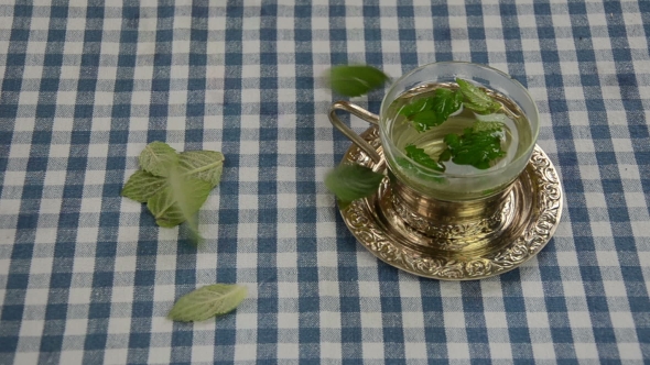 Cup Of Fresh Herbal Tea And Mint Plant Leaves Falling