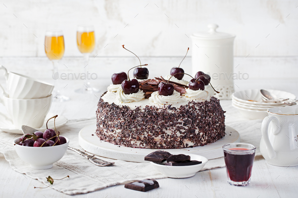 Black Forest Cake, Decorated with Cherries. Schwarzwald Pie. - Stock Photo - Images