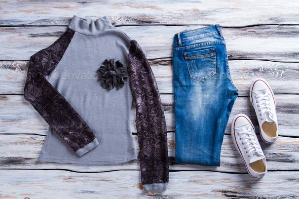 Gray top with black sleeves. - Stock Photo - Images