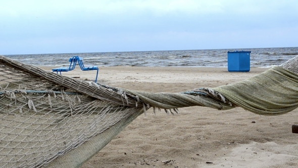 Beach Seaside Fence Made Fishing Net Move Wind Sea Wave