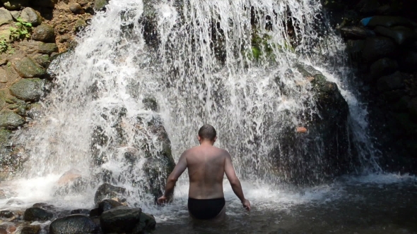 Male Man In Black Shorts Wash Stream River Water Cascade Flow