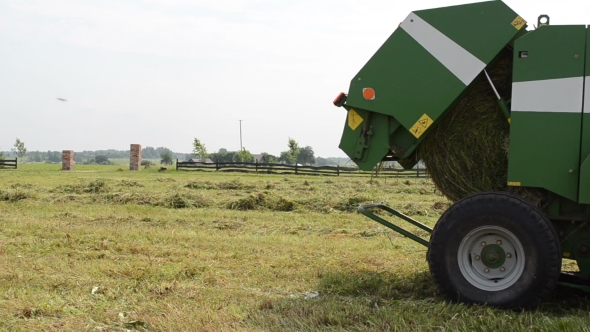 Tractor Baler Discharge Round Fresh Hay Bale During Harvesting