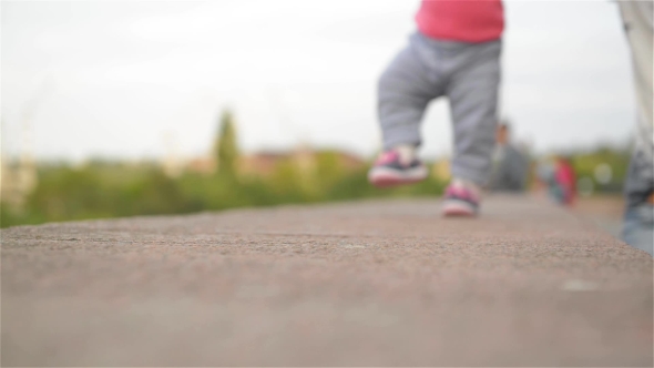 Little Girl Learning To Walk With His Mother, First Steps, Park, Sunny Day alt
