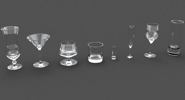 8 cocktail glasses (martini, shot, whiskey, wine, champagne flute, snifter, collins, cocktail) - 3DOcean Item for Sale