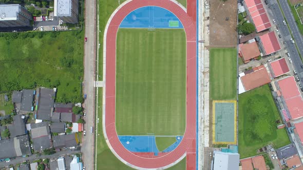 Aerial view new Stadium Top down from Drone view Green Football soccer field Aerial footage Drone alt