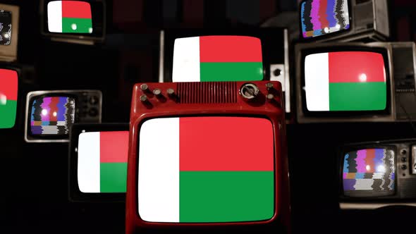 Flag of Madagascar on Retro TVs. 4K.