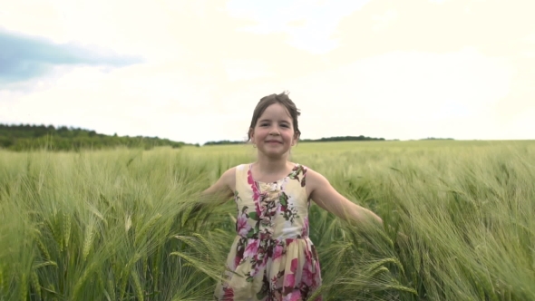 Little Girl Running Across Wheat Field, Stock Footage | VideoHive