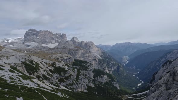 Panoramic view of the famous peaks of the Dolomites, Tre Cime di Lavaredo National Park