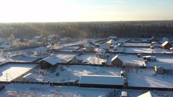 A Small Village in the Middle of a Pine Forest in Winter After Snowfall on a Bright Sunny Day