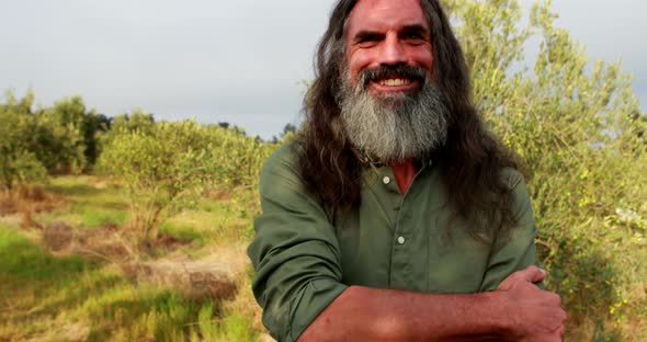 Portrait of happy man standing with arms crossed in olive farm 4k alt