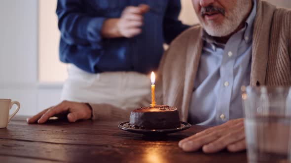 Slow motion shot of mature couple celebrating birthday with cake alt